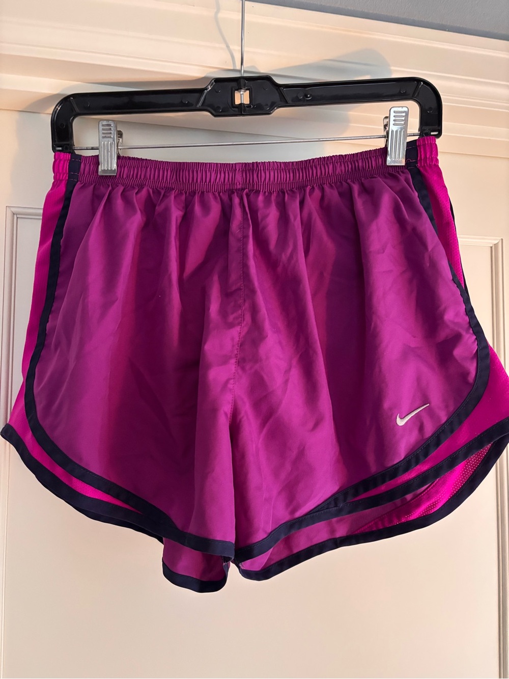 Nike Women's Purple/Magenta Fri-Fit Running Shorts with Navy Trim